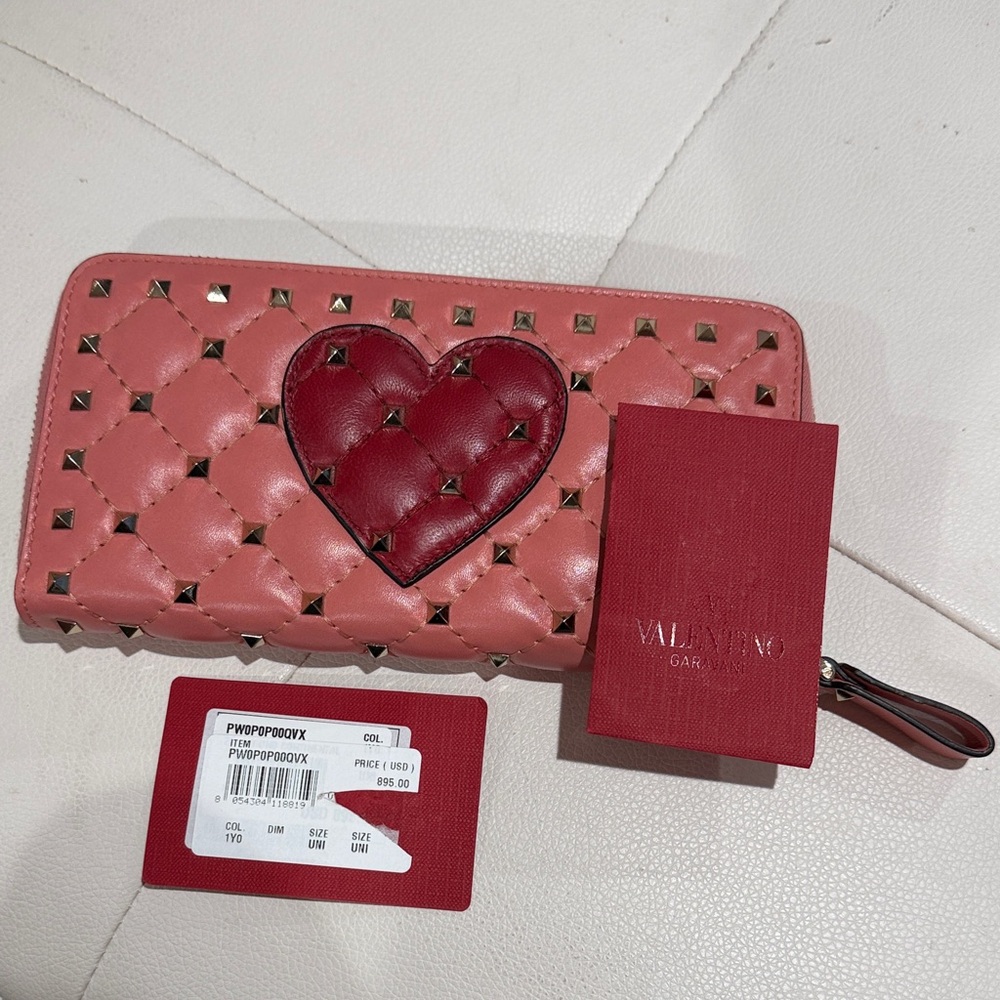 Valentino Pink Quilted Wallet with Red Heart and Gold Studs. Brand New with Tags